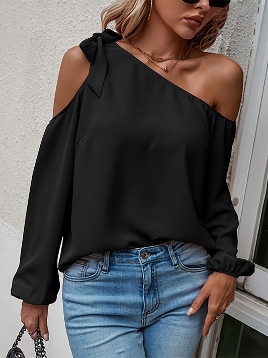 Antmvs Solid Cold Shoulder Blouse, Casual Long Sleeve Blouse For Spring & Fall, Women's Clothing