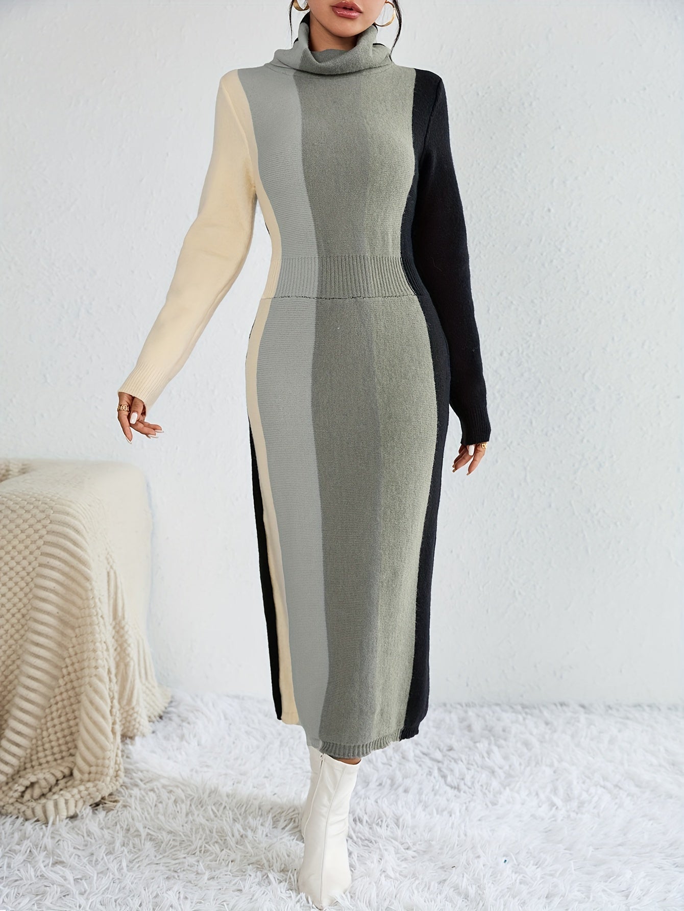 Antmvs Color Block Rib Knit Dress, Casual High Neck Long Sleeve Midi Dress, Women's Clothing