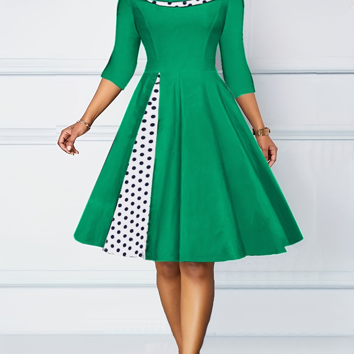 Antmvs A-line Retro Dress, 3/4 Sleeve Polka Dot Casual Dress, Women's Clothing