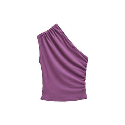 Antmvs Santana Solid Color Slanted Neck Off-the-shoulder Creased Sleeveless Slim Cropped Top