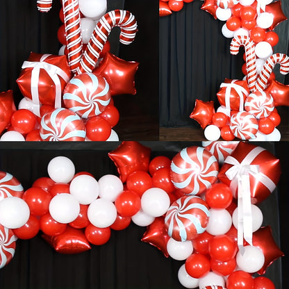 147pcs Ultimate Christmas Balloon Garland Arch Kit with Red & White Balloons, Candy Cane, Gift Box, Red Star Foil Balloons for Indoor & Outdoor Party Decorations