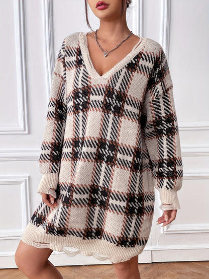 Antmvs Plaid Pattern V-neck Dress, Vintage Long Sleeve Ripped Dress For Spring & Fall, Women's Clothing