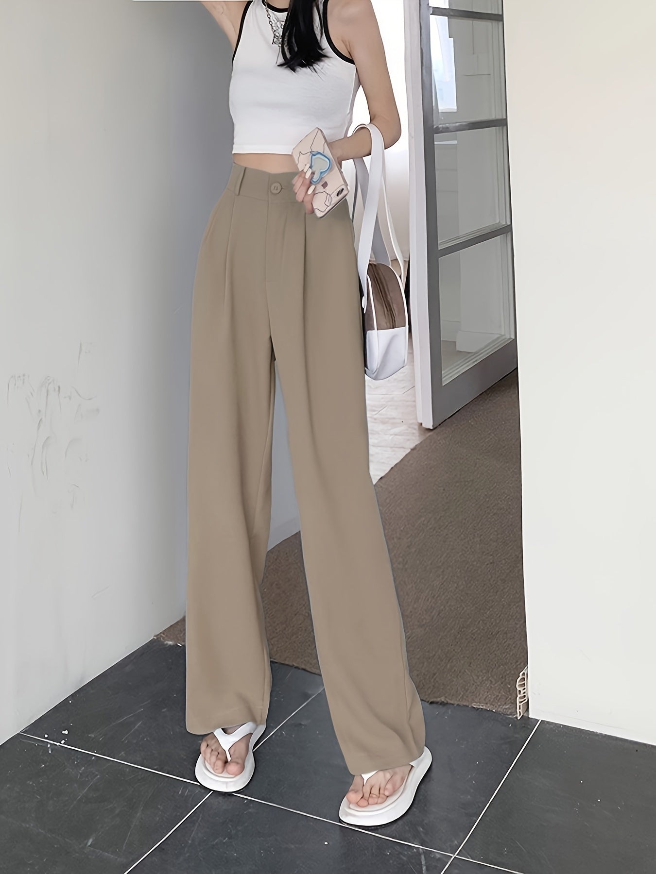 Antmvs Solid Draped Straight Leg Pants, Casual High Waist Loose Suit Pants, Women's Clothing