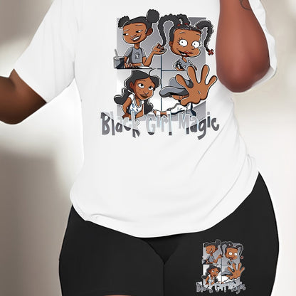 Plus Size Women's 2-Piece Set - Vibrant "Black Girl Magic" Graphic Tee and Matching Blue Shorts - Inspirational Casual Summer Outfit with Relaxed Fit, Breathable Fabric, and Stylish Design for Confident Women