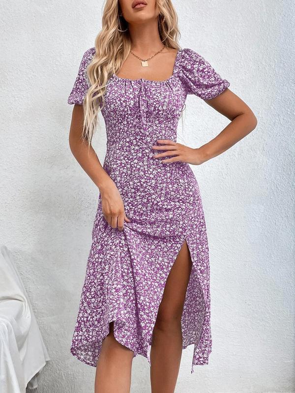 Antmvs -  Women's Ditsy Floral Print Puff Sleeve Split Thigh Dress, Boho Short Sleeve Tie Front Square Neck A Line Midi Dress for Beach Holiday Vacation, Ladies Summer Clothes