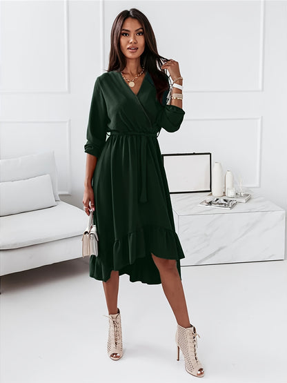 Antmvs Ruffle Hem Surplice Neck Dress, Elegant Solid Long Sleeve Midi Dress, Women's Clothing