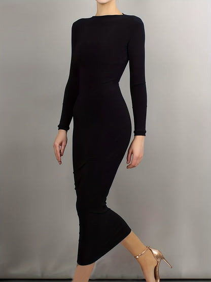 Antmvs Split Solid Bodycon Dress, Casual Crew Neck Long Sleeve Midi Dress, Women's Clothing