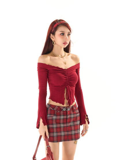 Antmvs Zerocircle Solid Color Knitwear Off-the-Shoulder Ruched Long Flare Sleeve Cropped Top