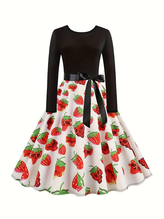 Antmvs Plus Size Casual Dress, Women's Plus Skull & Strawberry Print Long Sleeve Round Neck Bow Knot Dress