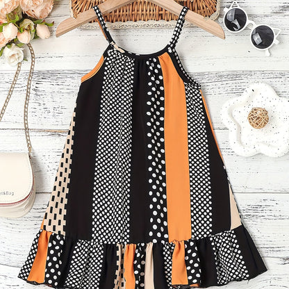 Chic Summer Ruffle Cami Dress for Girls - Easy Care, Color Block Stripes & Polka Dots, Polyester