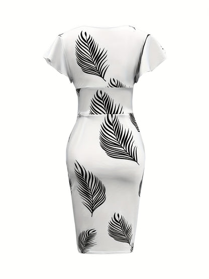 Antmvs Plant Print Ruffle Trim Dress, Casual Surplice Neck Bodycon Dress, Women's Clothing