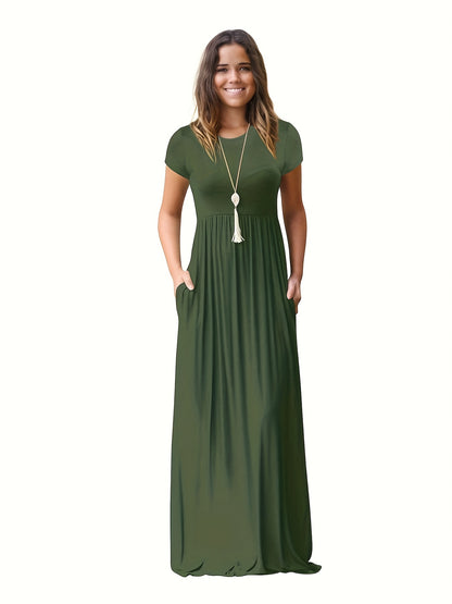Antmvs Pleated Maxi Dress, Casual Crew Neck Short Sleeve Dress With Pockets, Women's Clothing