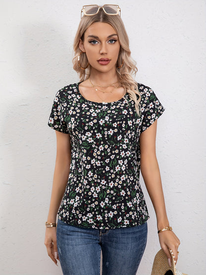 Antmvs  Floral Print Crew Neck Blouse, Casual Short Sleeve Blouse For Spring & Summer, Women's Clothing