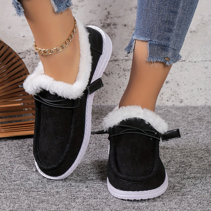 Women's Splicing Fluffy Loafers, Winter Warm Round Toe Slip On Flat Shoes, Cozy Low Top Snow Boots