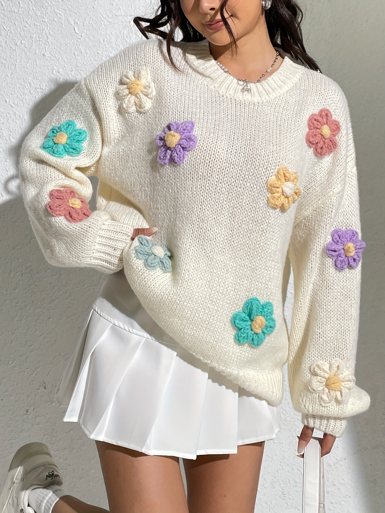 Antmvs Knit Flower Decor Crew Neck Sweater, Casual Long Sleeve Sweater For Fall & Winter, Women's Clothing