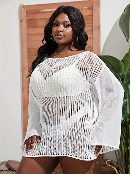 Antmvs Plus Size Casual Knit Top, Women's Plus Hollow Out Long Sleeve Round Neck Semi Sheer Ribbed Knit Top