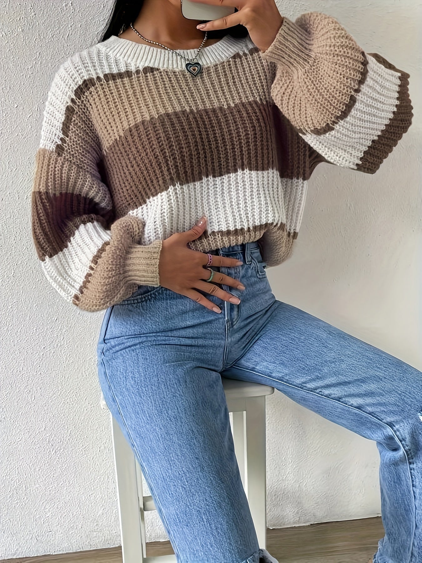 Antmvs Color Block Crew Neck Pullover Sweater, Casual Lantern Sleeve Loose Sweater, Women's Clothing