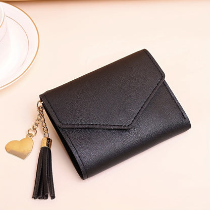 Women's Hand Bag With Heat And Tassel Accessories, Trendy Short Trifold Wallet, Short Coin Purse