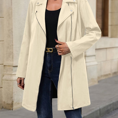 Antmvs Solid Color Open Front Trench Jacket, Elegant Lapel Neck Zipper Long Sleeve Button Jacket, Women's Clothing