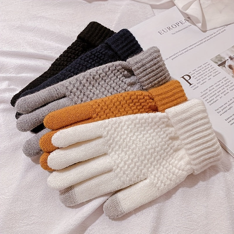 Unisex Winter Full Finger Knit Gloves, Touch Screen Thermal Gloves For Outdoor Cycling