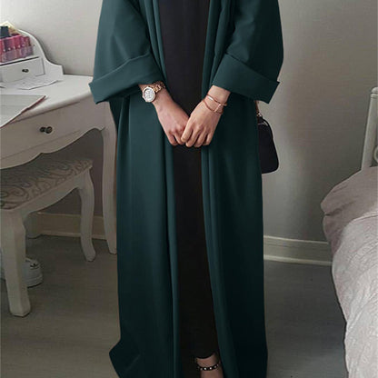 Antmvs Plus Size Modest Abaya Robe, Women's Plus Solid Long Sleeve Open Front Loose Turkey Robe