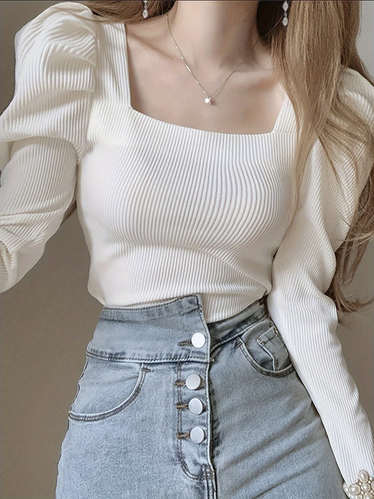 Antmvs Solid Color Square Neck T-Shirt, Chic Puff Long Sleeve T-Shirt For Spring & Fall, Women's Clothing