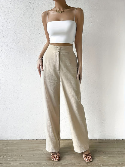 Antmvs Solid Button Front High Waist Pants, Casual Straight Leg Pants, Women's Clothing