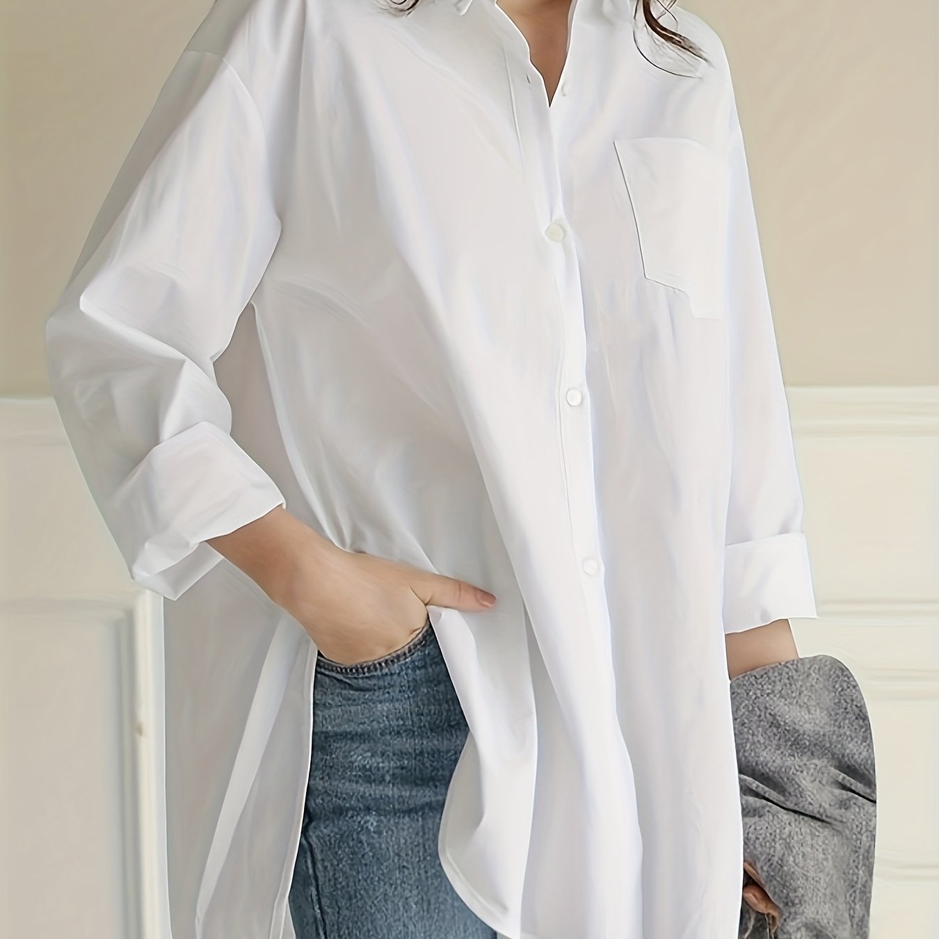 Antmvs Solid Button Front Curved Hem Shirt, Casual Long Sleeve Shirt For Spring & Fall, Women's Clothing