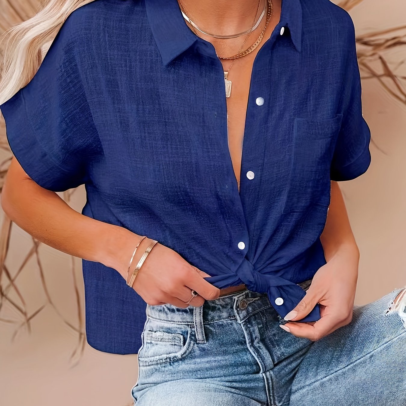 Antmvs  Solid Color Short Sleeve Blouse, Casual Button Front Blouse For Spring & Summer, Women's Clothing