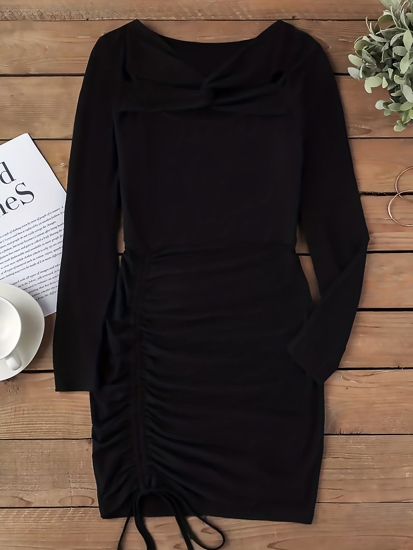Antmvs Cut Out Drawstring Dress, Party Wear Long Sleeve Bodycon Solid Dress, Women's Clothing