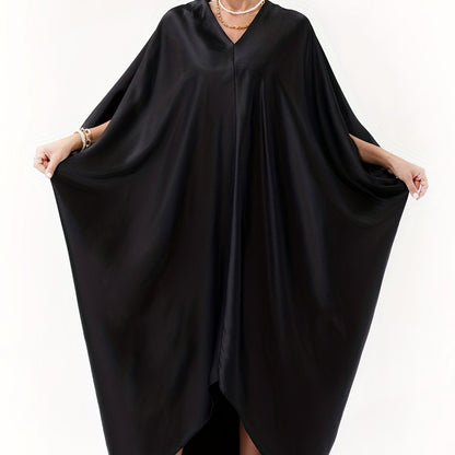 Antmvs Plus Size Casual Dress, Women's Plus Solid Satin Bat Sleeve V Neck Asymmetrical Hem Oversized Maxi Dress