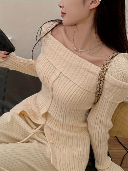 Antmvs Solid Off Shoulder Rib Knit Sweater, Elegant Button Front Long Sleeve Slim Sweater, Women's Clothing