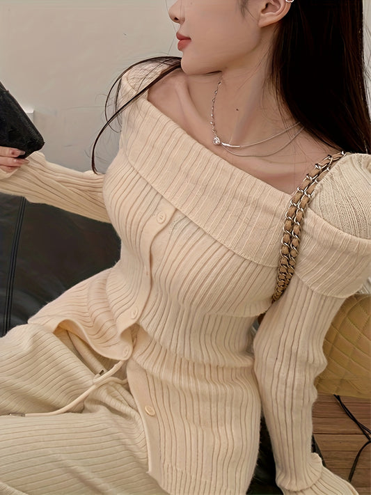 Antmvs Solid Off Shoulder Rib Knit Sweater, Elegant Button Front Long Sleeve Slim Sweater, Women's Clothing