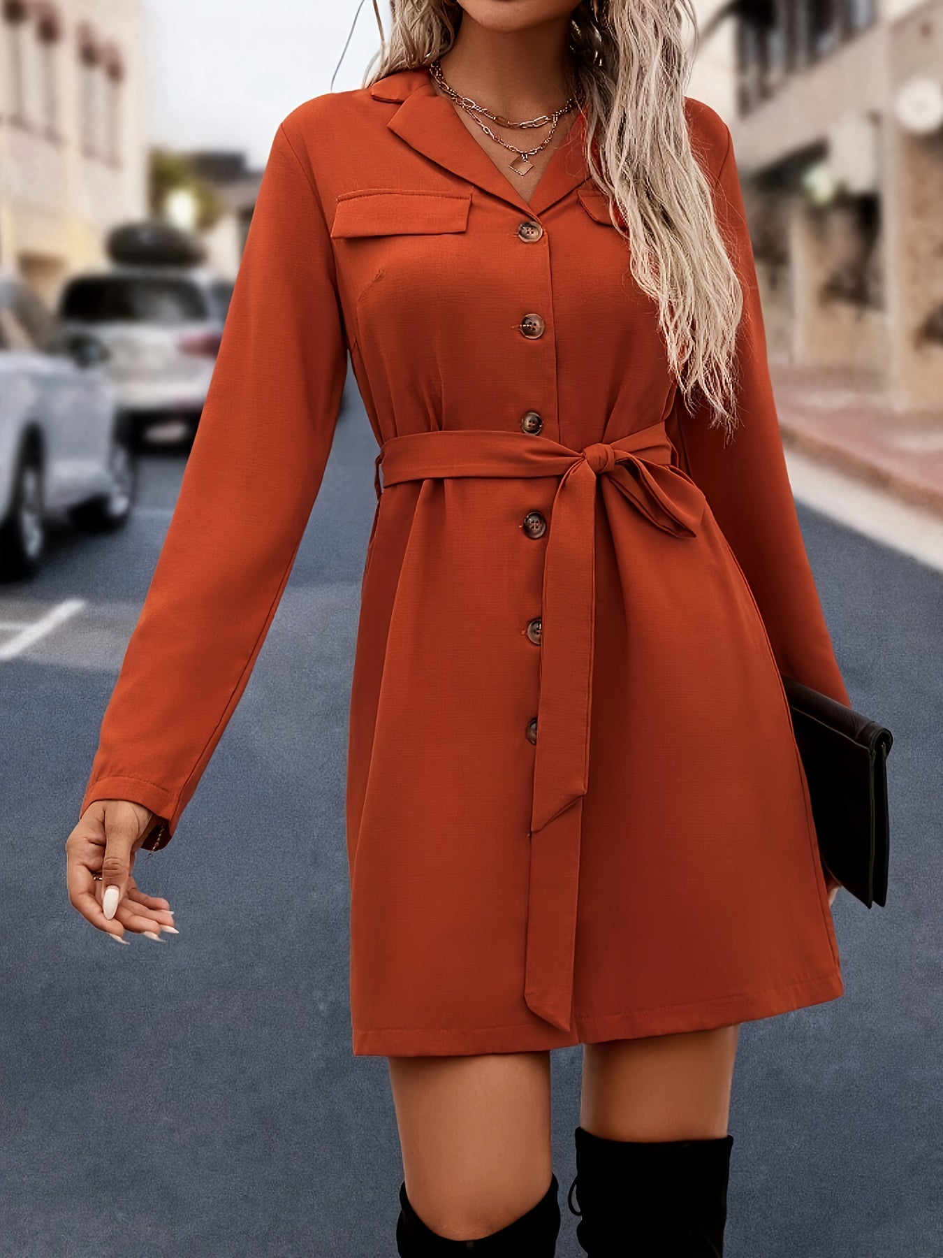 Antmvs Solid Bodycon Shirt Dress, Casual Button Front Long Sleeve Dress, Women's Clothing