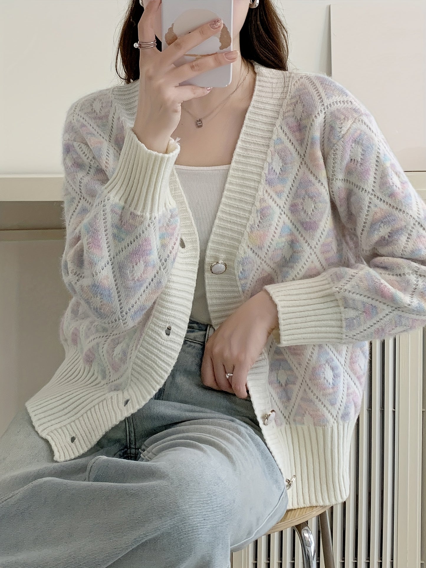 Antmvs Floral Pattern Button Down Knit Cardigan, Elegant Long Sleeve Loose Sweater, Women's Clothing