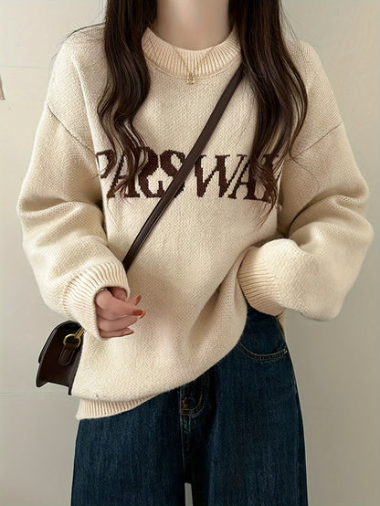 Antmvs Letter Pattern Crew Neck Pullover Sweater, Casual Long Sleeve Drop Shoulder Sweater, Women's Clothing