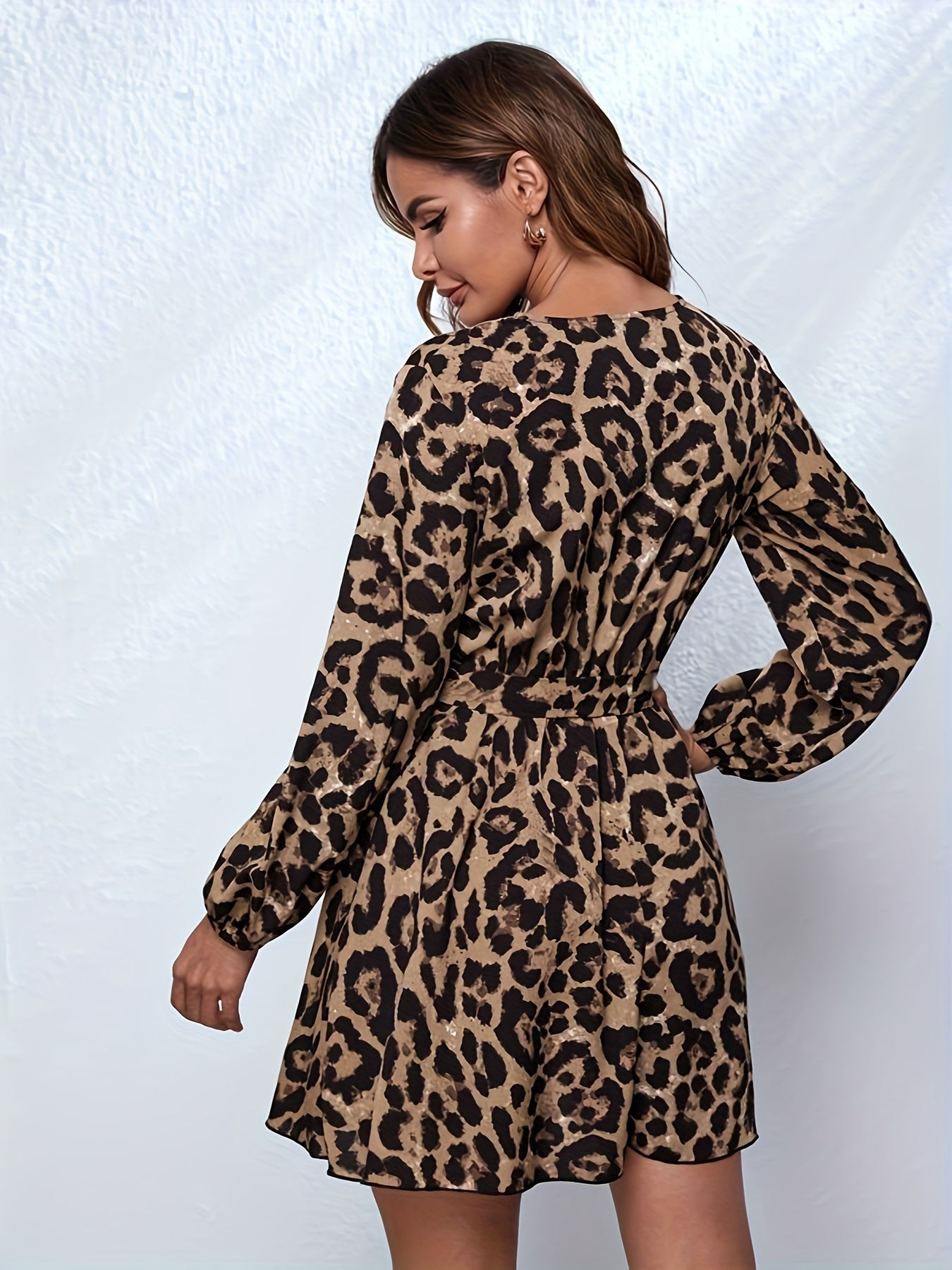 Antmvs Leopard Print V Neck Dress, Elegant Long Sleeve Mini Dress, Women's Clothing