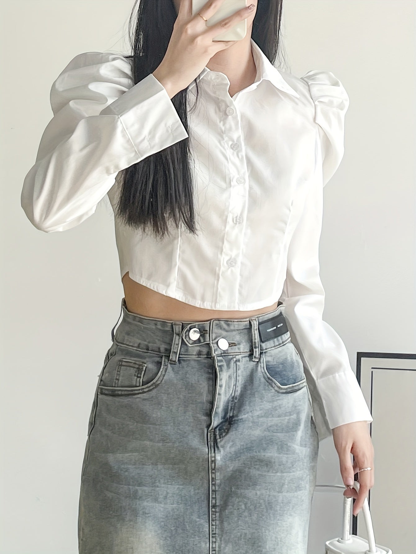 Antmvs Puff Sleeve Button Front Blouse, Casual Solid Color Lapel Crop Blouse For Spring & Fall, Women's Clothing