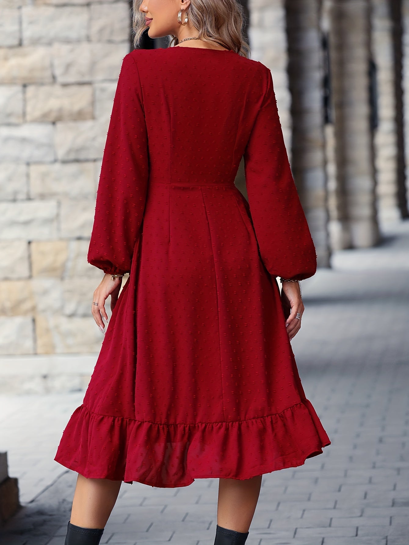 Antmvs Solid Ruffle Hem Dress, Elegant V Neck Long Sleeve Midi Dress, Women's Clothing