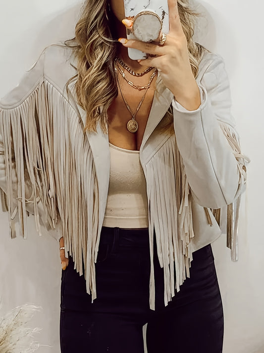 Antmvs Fringe Faux Leather Crop Jacket, Lapel Tassel Long Sleeve Fashion Loose Fall Winter Crop Outerwear, Women's Clothing