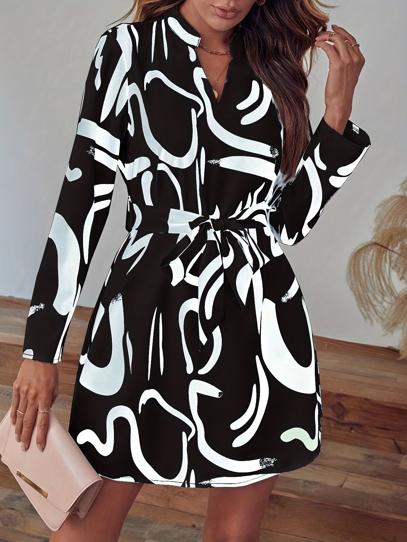 Antmvs Abstract Print V Neck Dress, Casual Long Sleeve Dress, Women's Clothing