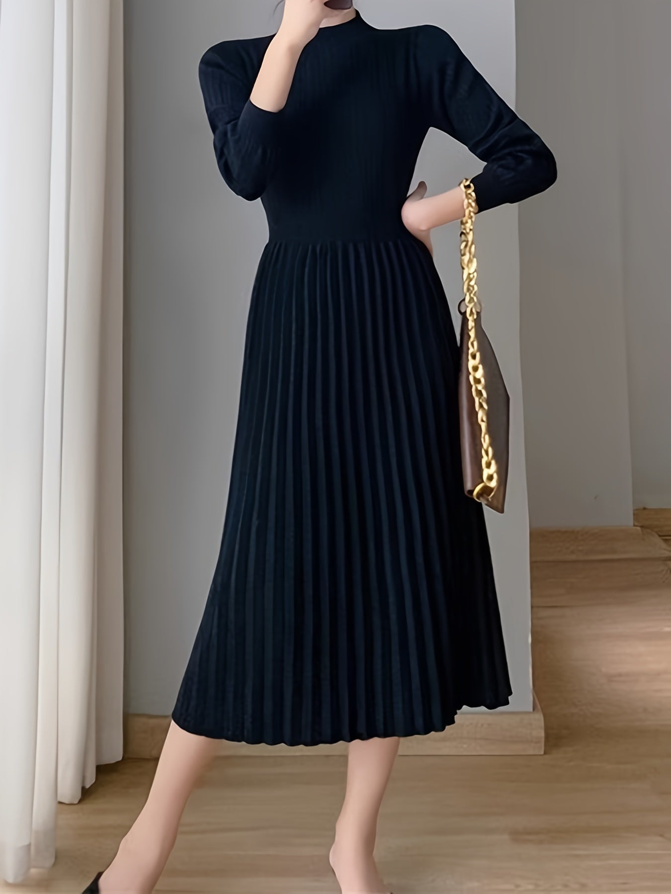 Antmvs Solid Pleated Midi Dress, Elegant Mock Neck Long Sleeve Dress, Women's Clothing