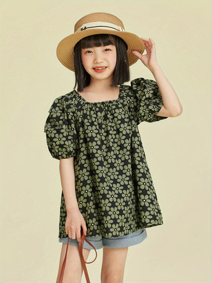 100% Cotton Elegant Girls Flower Print Square Neck Puff Short Sleeve Shirt Pullover Summer Party Gift School Uniforms