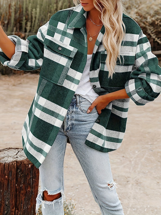 Antmvs Plus Size Casual Jacket, Women's Plus Flannel Plaid Pattern Long Sleeve Lapel Collar Button Up Split Curve Hem Shirt Jacket With Flap Pocket