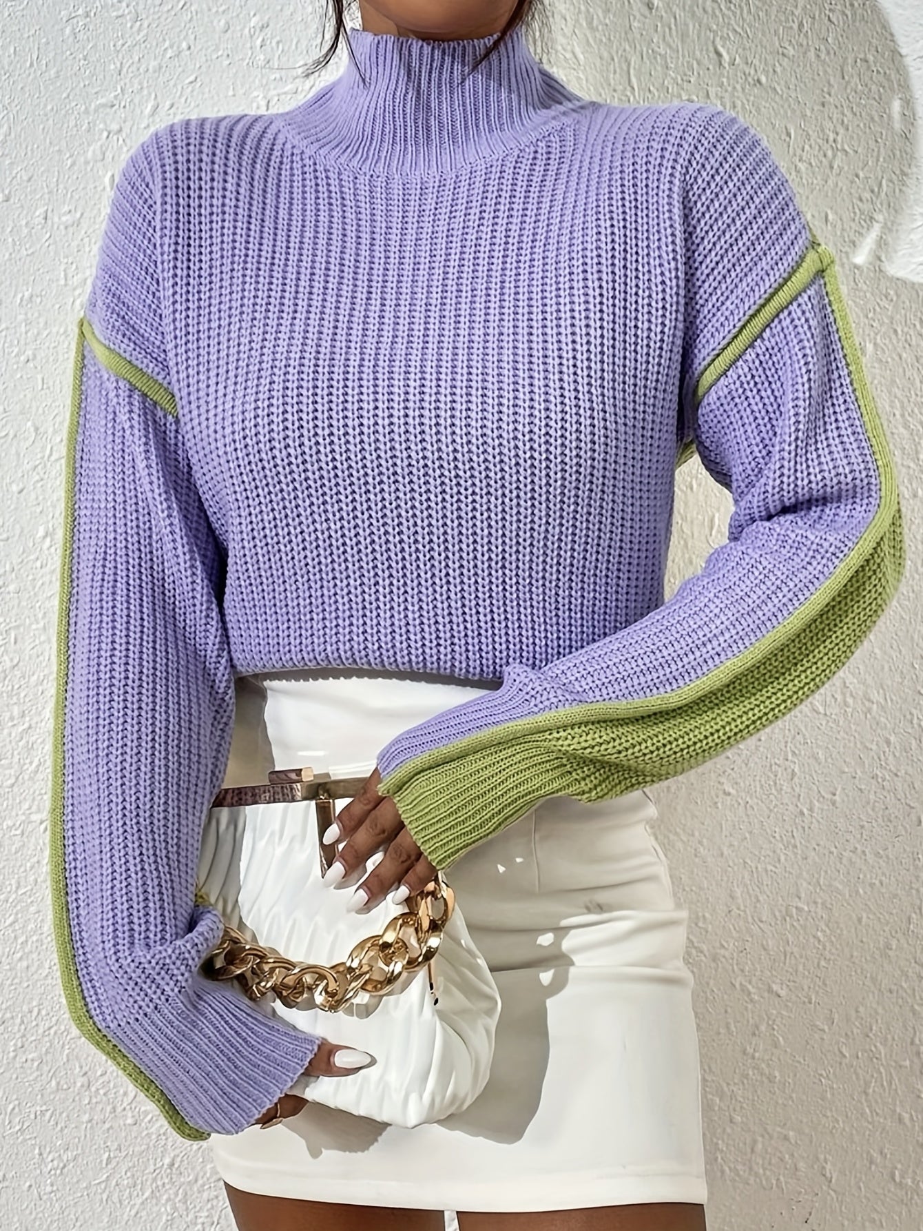 Antmvs Color Block Knit Sweater, Casual High Neck Long Sleeve Sweater, Women's Clothing