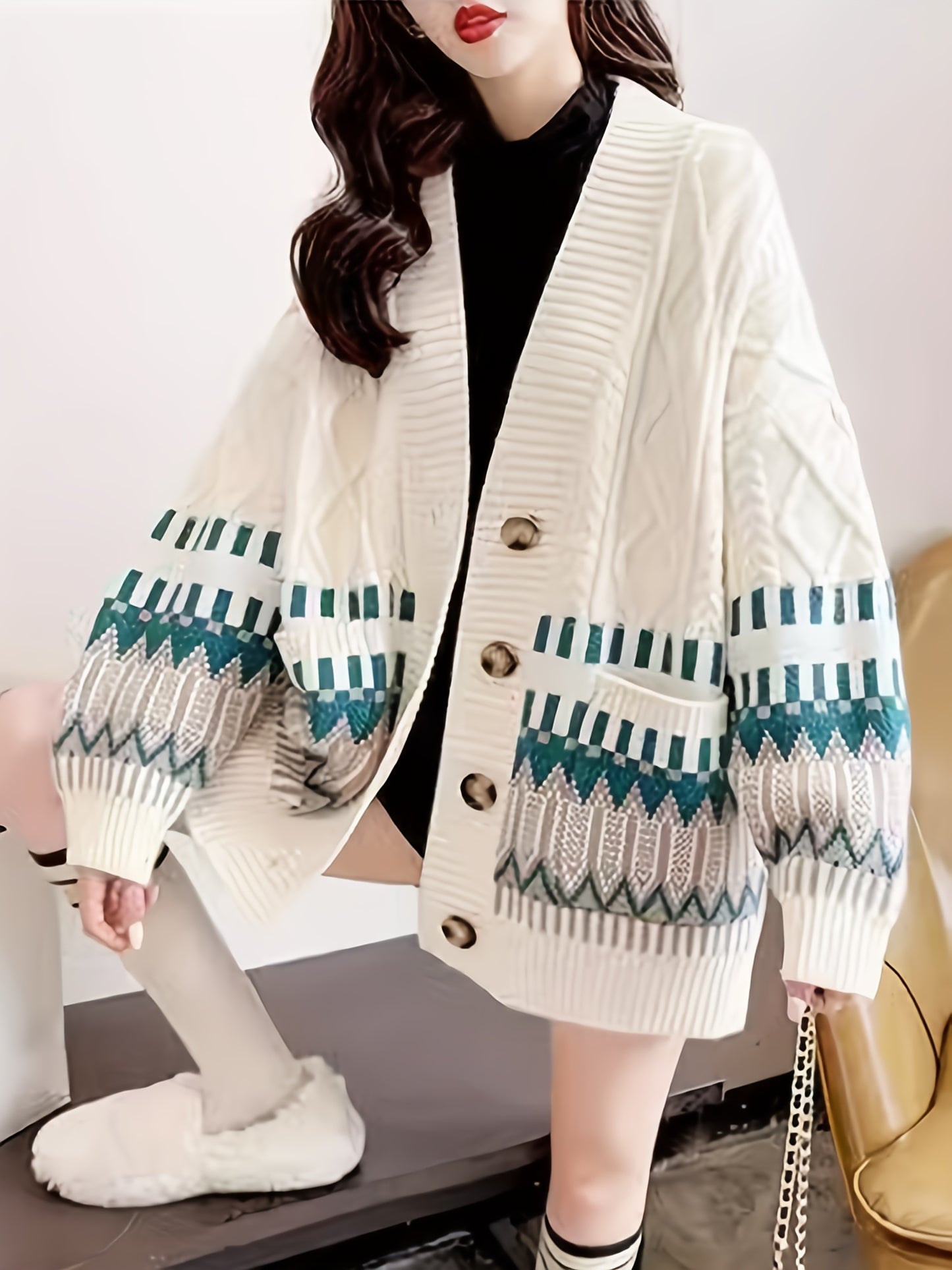 Antmvs Geo Pattern Button Down Knit Cardigan, Elegant Long Sleeve Loose Sweater With Pocket, Women's Clothing