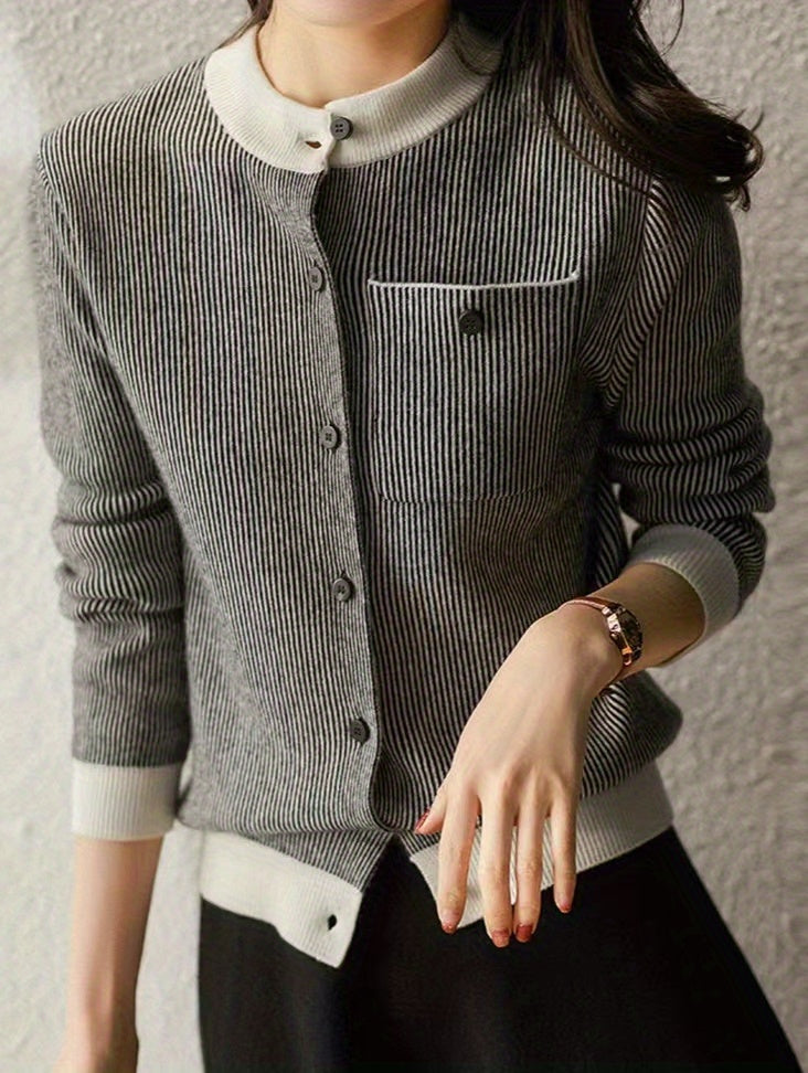 Antmvs Striped Button Up Knit Cardigan, Vintage Long Sleeve Crew Neck Sweater With Pocket, Women's Clothing