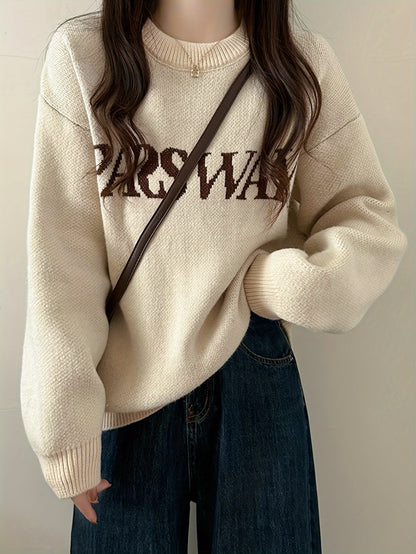 Antmvs Letter Pattern Crew Neck Pullover Sweater, Casual Long Sleeve Drop Shoulder Sweater, Women's Clothing