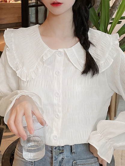 Antmvs Solid Textured Peter Pan Collar Blouse, Sweet Long Sleeve Button Front Blouse For Spring & Fall, Women's Clothing