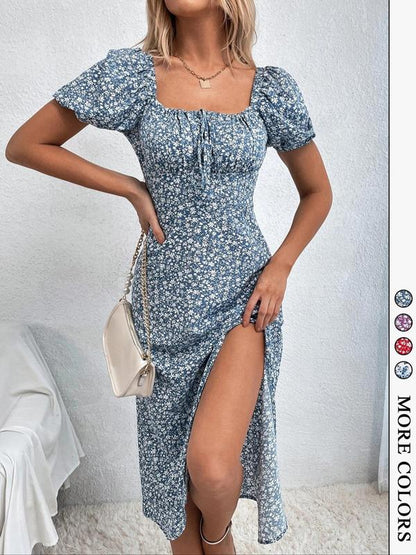 Antmvs -  Women's Ditsy Floral Print Puff Sleeve Split Thigh Dress, Boho Short Sleeve Tie Front Square Neck A Line Midi Dress for Beach Holiday Vacation, Ladies Summer Clothes